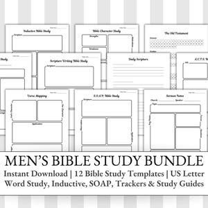 Può includere: Una raccolta di 12 modelli di studio biblico stampabili, tra cui Word Study, Inductive e SOAP, su sfondo bianco. I modelli sono progettati per prendere appunti e guide allo studio. Il titolo "MEN'S BIBLE STUDY BUNDLE" è visualizzato in basso.