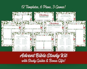 May include: Advent Bible Study Kit with study guides and bonus gifts. The kit includes 12 templates, 6 plans, and 3 games. The design features a green background with a red banner at the bottom. The templates have a Christmas theme.