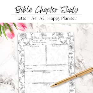 May include: A black and white Bible Chapter Study planner sheet with floral accents. The sheet includes sections for key people, verses, themes, questions, and a summary. A gold pen rests on the sheet, with pink tulips in the background.