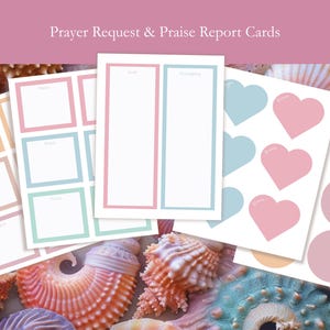 Printable prayer request and praise report cards with pink and blue and yellow coastal color palette. The cards are shaped in traditional squares (six to a page), two long strips for writing longer lists of prayers and thanksgiving, as well as hearts and circles. The cards have sections for writing prayer requests and praise reports. The text on the cards reads 'Prayer', 'Praise', 'To-Do' and 'Thanksgiving'.