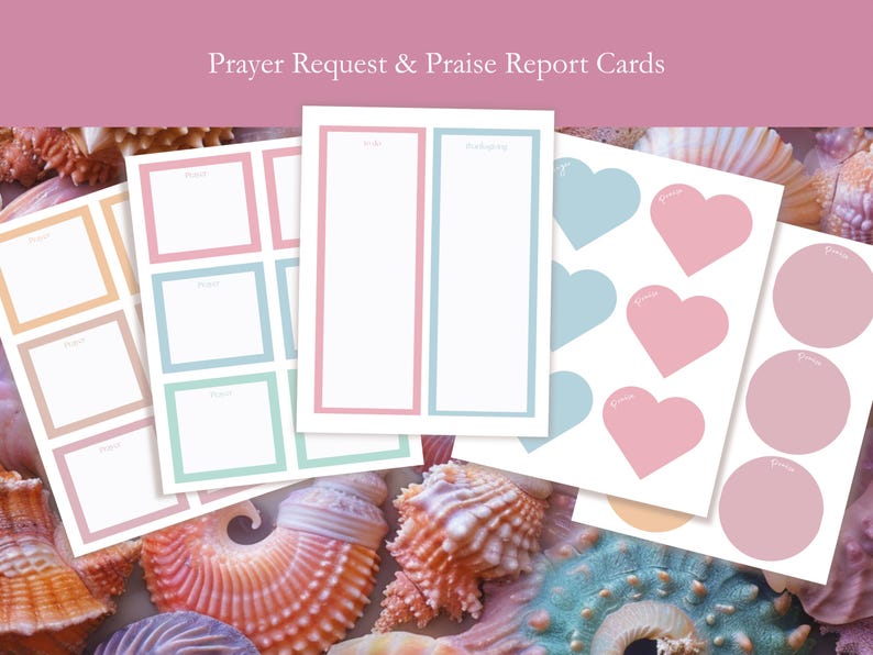 Printable prayer request and praise report cards with pink and blue and yellow coastal color palette. The cards are shaped in traditional squares (six to a page), two long strips for writing longer lists of prayers and thanksgiving, as well as hearts and circles. The cards have sections for writing prayer requests and praise reports. The text on the cards reads 'Prayer', 'Praise', 'To-Do' and 'Thanksgiving'.