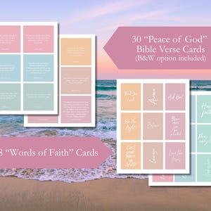 May include: Cards with Bible verses in pastel colors. The image includes 30 "Peace of God" Bible Verse Cards and 18 "Words of Faith" Cards. The cards have text in white and are arranged in a grid format. The background is a beach scene.