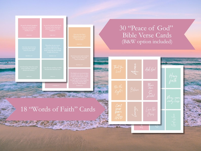 May include: Cards with Bible verses in pastel colors. The image includes 30 "Peace of God" Bible Verse Cards and 18 "Words of Faith" Cards. The cards have text in white and are arranged in a grid format. The background is a beach scene.