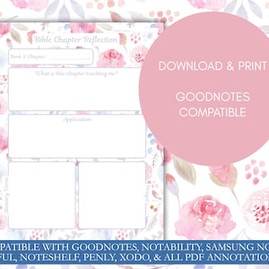 K&ouml;nnte beinhalten: Ein digitaler Bibelstudienplaner mit floralem Aquarelldesign. Der Planer enth&auml;lt Abschnitte f&uuml;r Kapitelreflexion, Anwendung und Merkverse. Der Text auf dem Bild lautet "Download & Print" und "Goodnotes Compatible".