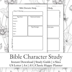 Könnte beinhalten: Ein schwarz-weißes Bibel-Charakter-Studien-Druck mit floralem Hintergrund. Der Studienführer enthält Abschnitte für Name und Bedeutung, Schlüsselfakten, historischen Kontext, Schlüsselstellen und wichtige Lebensereignisse. Der Text lautet "Bible Character Study" und "Instant Download | Study Guide | 4 Sizes".