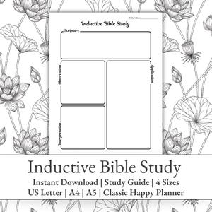 Puede incluir: Una guía de estudio bíblico inductivo en blanco y negro con un fondo floral. La guía de estudio tiene secciones para Escritura, Observación, Interpretación y Aplicación. El texto "Inductive Bible Study" está en la parte superior, con opciones de tamaño debajo.