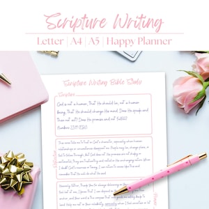 May include: A pink and white Scripture Writing Bible Study planner with a pink pen, pink roses, and a wrapped gift. The planner includes text and is designed for letter, A4, and A5 sizes.