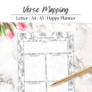 May include: A white paper sheet for verse mapping with black floral line art borders. The page includes sections labeled Verse, Translations, Keywords, and Parallel Verses. A gold pen rests on the paper, which features the text Verse Mapping.