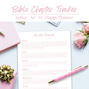 May include: A pink Bible Chapter Tracker with the text "Bible Chapter Tracker" and "The Old Testament". The image includes a pink pen, a pink notebook, a wrapped gift with a gold bow, and pink roses. The tracker is designed for Letter, A4, A5, and Happy Planner.