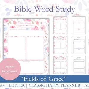 Peut inclure: Téléchargement numérique de pages d'étude biblique avec des motifs floraux. La page principale comporte des sections pour le mot, la définition et d'autres notes. Des pages supplémentaires sont incluses, avec le texte "Fields of Grace" et les options de taille A4, Letter, Classic Happy Planner et A5.
