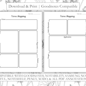 Op de afbeelding: Twee pagina's van een digitale planner met de tekst "Verse Mapping". De pagina's hebben lege vakken voor notities, met de titels "Verse", "Translations", "Parallel Verses", "Keywords", "Context", "God's Character", "Application", "Our Character" en "Prayer."