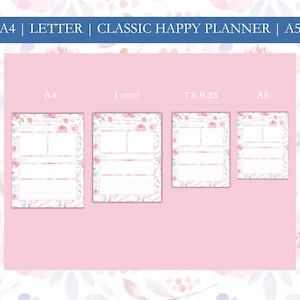 K&ouml;nnte beinhalten: Eine Sammlung von Planereinlagen mit floralem Thema in den Gr&ouml;&szlig;en A4, Letter, 7 x 9,25 und A5. Die Einlagen haben einen rosa Hintergrund mit Aquarell-Blumendesigns und Textfeldern f&uuml;r die Planung. Der obere Banner lautet "A4 | LETTER | CLASSIC HAPPY PLANNER | A5".
