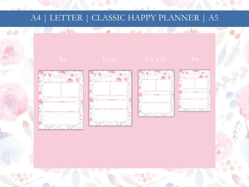 K&ouml;nnte beinhalten: Eine Sammlung von Planereinlagen mit floralem Thema in den Gr&ouml;&szlig;en A4, Letter, 7 x 9,25 und A5. Die Einlagen haben einen rosa Hintergrund mit Aquarell-Blumendesigns und Textfeldern f&uuml;r die Planung. Der obere Banner lautet "A4 | LETTER | CLASSIC HAPPY PLANNER | A5".