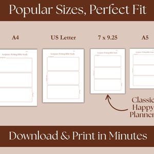 May include: An image showcasing printable Bible study templates in various sizes: A4, US Letter, 7 x 9.25 inches, and A5. The text "Popular Sizes, Perfect Fit" and "Download & Print in Minutes" are displayed. A note indicates compatibility with the Classic Happy Planner!