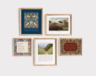 May include: A gallery wall set of five framed art prints featuring floral patterns, landscape imagery, and inspirational text. The collection includes the Prayer of Saint Francis, Be Thou My Vision, and other quotes, all encased in light wood frames.