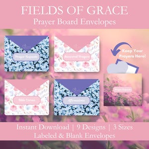 May include: Image of prayer board envelopes with floral designs. The envelopes are in various colors, including pink, purple, and white. Text on the envelopes includes "Prayer Requests," "Answered Prayers," "Bible Verses," and "Affirmations."