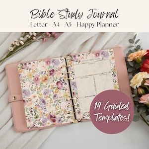 May include: A pink Bible study journal with a floral patterned insert. The journal is open, revealing lined pages for notes and study. Text on the journal reads "Bible Study Journal" and "14 Guided Templates!"