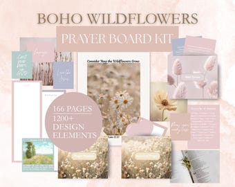 Prayer Board Kit "Boho Wildflowers," 30 "Fear Not" Bible Verse Cards, Printable Prayer Cards, Bible Verse Art, and Customizable Templates