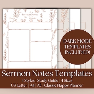 Könnte beinhalten: Sermon-Notizen-Vorlagen mit braunem und weißem Design. Die Vorlagen enthalten Platz für Notizen, wichtige Punkte und Fragen. Das Bild enthält auch den Text "DARK MODE TEMPLATES INCLUDED!" und "4 Styles | Study Guide | 4 Sizes | US Letter | A4 | A5 | Classic Happy Planner."