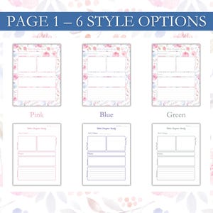 K&ouml;nnte beinhalten: Digitaldruck mit sechs Bibelstudienseiten mit floralen R&auml;ndern in Rosa, Blau und Gr&uuml;n. Das obere Banner lautet "PAGE 1 - 6 STYLE OPTIONS". Jede Seite hat Platz f&uuml;r Notizen und Studiendetails.