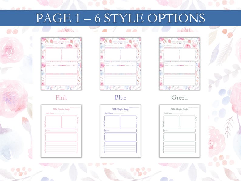 K&ouml;nnte beinhalten: Digitaldruck mit sechs Bibelstudienseiten mit floralen R&auml;ndern in Rosa, Blau und Gr&uuml;n. Das obere Banner lautet "PAGE 1 - 6 STYLE OPTIONS". Jede Seite hat Platz f&uuml;r Notizen und Studiendetails.