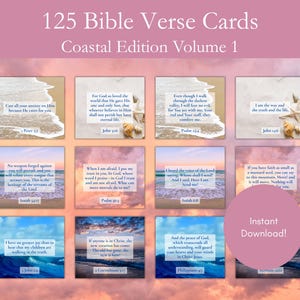 125 Cartões de Versículos Bíblicos vol. 1, imprimíveis inspiradores da Bíblia NVI, Cartões de Afirmação Cristã Costeira, Kit de Quadro de Oração com Versículos Bíblicos em PDF