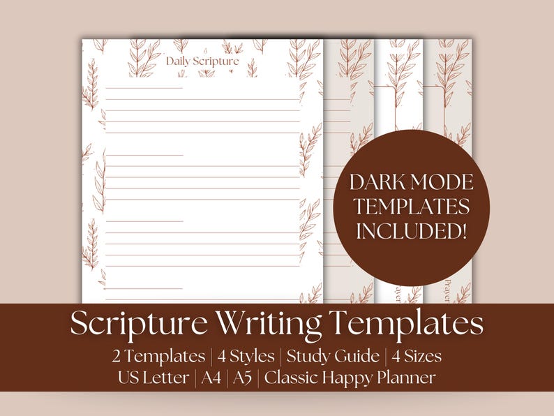May include: A set of scripture writing templates with a brown and white floral design. The templates include lined pages for writing, with the text "Daily Scripture" at the top. The image also includes a dark brown circle with the text "DARK MODE TEMPLATES INCLUDED!"
