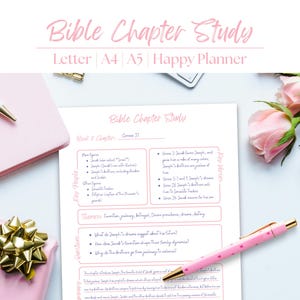 May include: A pink Bible study planner with the title "Bible Chapter Study" in a script font. The planner includes a pink pen, a pink notebook, a wrapped gift, and pink roses. The planner is designed for Letter, A4, and A5 sizes.