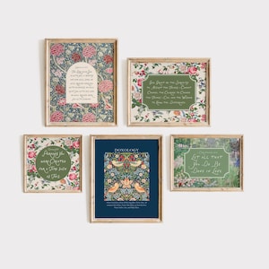 May include: Five framed wall art prints featuring floral patterns and inspirational text. The prints include quotes such as The Lord your God is with you, Serenity Prayer, Perhaps you were created for a time such as this, Doxology, and Let all that you do be done in love.