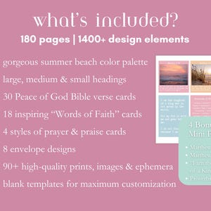May include: A pink background with white text listing the contents of a digital product. The text includes "what's included?" and details such as 180 pages, 1400+ design elements, Bible verse cards, and mini prints with inspirational quotes.