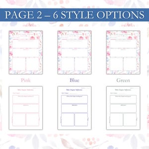 K&ouml;nnte beinhalten: Digitaldruck mit sechs Stiloptionen f&uuml;r Bibelkapitel-Reflexionen. Die obere Reihe zeigt drei floral gerahmte Seiten in Rosa, Blau und Gr&uuml;n. Die untere Reihe zeigt das gleiche Layout ohne die floralen Rahmen. Der Text oben lautet "PAGE 2 - 6 STYLE OPTIONS."