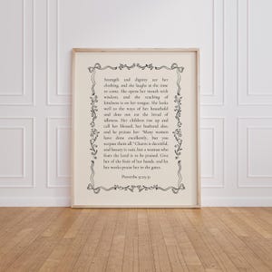 Versículo bíblico Proverbios 31:25-31 para imprimir, regalo cristiano para el Día de la Madre, arte mural imprimible, decoración neutra para el hogar (descarga digital).
