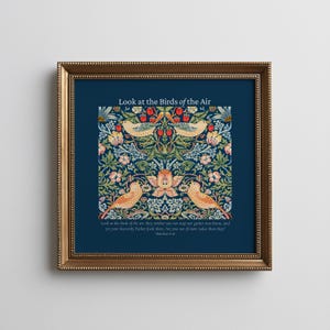 Matthew 6:26 Bijbel kunst aan de muur afdrukbare "Kijk naar de vogels" schrift afdrukken digitale download Christian William Morris Floral Decor