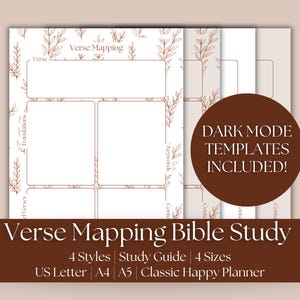 Könnte beinhalten: Eine Verse Mapping Bibelstudienvorlage mit weißem Hintergrund und braunen floralen Akzenten. Das Design umfasst Bereiche für Verse, Übersetzungen und Schlüsselwörter. Der Text "DARK MODE TEMPLATES INCLUDED!" ist sichtbar. Das Produkt bietet 4 Stile, einen Studienführer und 4 Größen, einschließlich US Letter und A4.