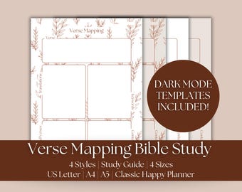 May include: A white paper template for Verse Mapping Bible study with brown botanical line art borders. The layout includes sections for Verse, Translations, Keywords, and Related Verses. A brown circle overlay states DARK MODE TEMPLATES INCLUDED!