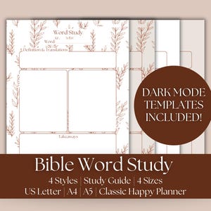 Könnte beinhalten: Digitales Bibel-Wortstudien-Template in Braun und Weiß. Es enthält Abschnitte für Wortstudien, Definitionen, Übersetzungen und Erkenntnisse. Der Text "DARK MODE TEMPLATES INCLUDED!" ist ebenfalls enthalten.