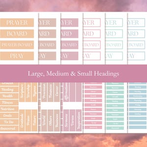 Printable prayer board headings including large, medium, and small sizes. Headings include scripture, worship, provision, finances, career, growth, healing, health, fitness, nutrition, goals, to do, answered, gratitude, praise, future, world, business, sermons, verses, scored, and days of the week. The stickers are in various shades of pink, peach, sunny yellow and sandy brown and the deep greens and blues of water.