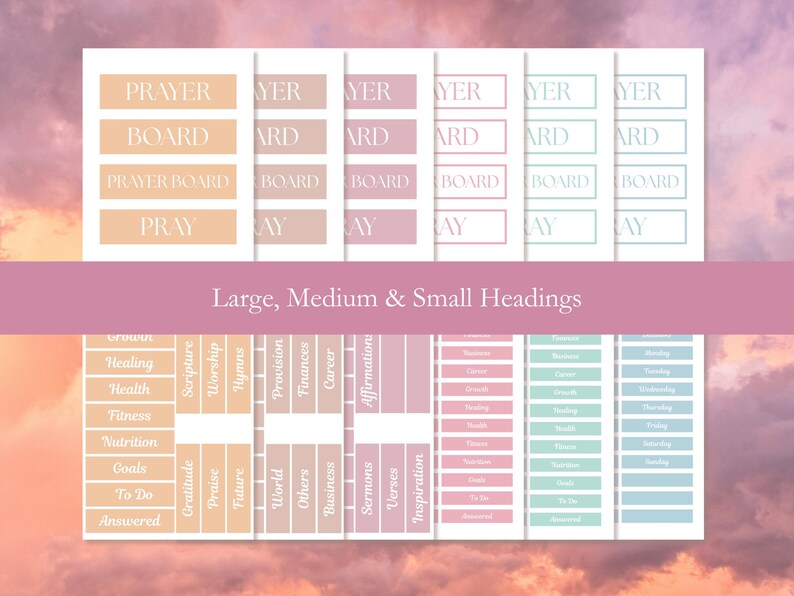 Printable prayer board headings including large, medium, and small sizes. Headings include scripture, worship, provision, finances, career, growth, healing, health, fitness, nutrition, goals, to do, answered, gratitude, praise, future, world, business, sermons, verses, scored, and days of the week. The stickers are in various shades of pink, peach, sunny yellow and sandy brown and the deep greens and blues of water.
