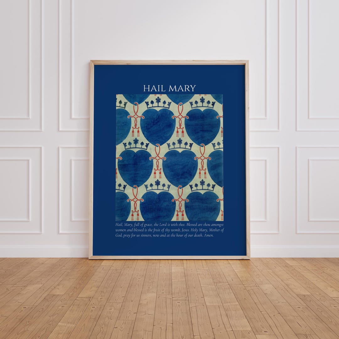 Hail Mary Prayer Wall Art: Blue Marian Devotion Print, Catholic Rosary ...