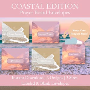 May include: A set of Coastal Edition prayer board envelopes featuring six designs in three sizes. The envelopes display beach and sunset imagery with labels including Prayer Requests, Answered Prayers, Affirmations, and Bible Verses. A circular graphic with an arrow points to an open envelope containing paper inserts with the text Keep Your Prayers Here.