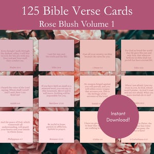 125 Cartões de Versículos Bíblicos vol. 1, imprimíveis inspiradores das Escrituras NIV, Cartões de Afirmação Cristã Rose Blush, Kit de Quadro de Oração com Versículos Bíblicos em PDF