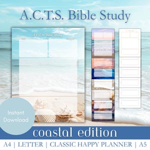 Coastal Bible Study Template Bundle: Guided ACTS Scripture Worksheet Printable, 14 Styles, 4 Sizes