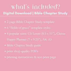 K&ouml;nnte beinhalten: Rosafarbene Grafik zum digitalen Download mit wei&szlig;em Text, der eine Bibelkapitelstudie beschreibt. Enth&auml;lt eine 2-seitige Vorlage, 6 Vorlagenstile, 4 Gr&ouml;&szlig;en (US Letter, Happy Planner, A4, A5), einen Studienf&uuml;hrer, PDFs in Druckqualit&auml;t und Druckanweisungen.