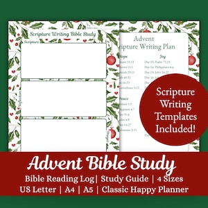 Könnte beinhalten: Ein druckbarer Advent-Bibelstudienplaner mit einem Rand aus Stechpalmen und roten Ornamenten. Die Seiten enthalten Abschnitte für das Bibelstudium, einen Schriftstellen-Schreibplan und einen roten Kreis mit dem Text Scripture Writing Templates Included.