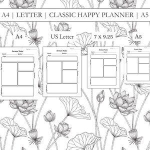 Op de afbeelding: Printbare preeknotities in A4, US Letter, 7 x 9,25 inch en A5 formaten. De notities hebben secties voor kerk, onderwerp, spreker en notities. De achtergrond heeft een bloemenpatroon.