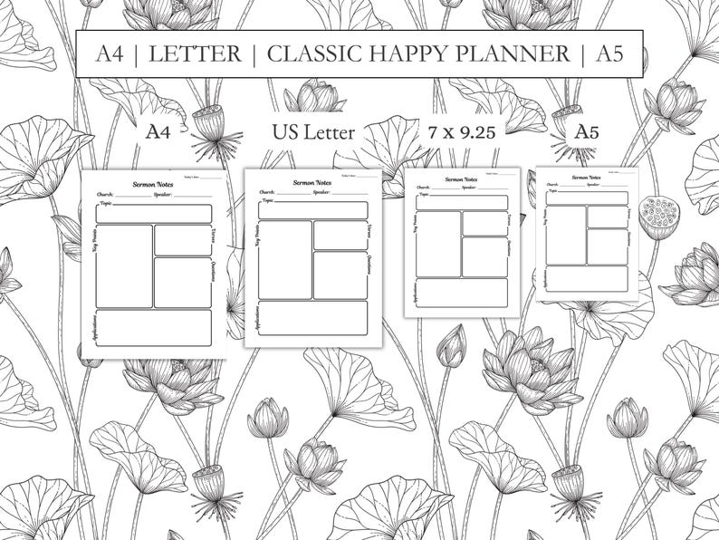Op de afbeelding: Printbare preeknotities in A4, US Letter, 7 x 9,25 inch en A5 formaten. De notities hebben secties voor kerk, onderwerp, spreker en notities. De achtergrond heeft een bloemenpatroon.