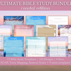 Könnte beinhalten: Eine Sammlung von 12 Bibelstudienvorlagen mit 160 Designs in 4 Größen. Die Vorlagen umfassen SOAP, Verse Mapping und Predigtnotizen mit Küstenmotiv. Der Text oben lautet "ULTIMATE BIBLE STUDY BUNDLE coastal edition".