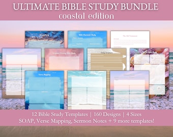 Costal Bible Study Template Bundle: SOAP, Inductive, Verse Mapping, Scripture Writing, Sermon Notes, Reading Log, Tracker, Plus Instructions