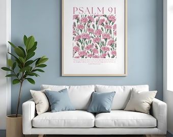 Impresión floral del Salmo 91, arte mural cristiano, póster con versículo bíblico de clavel rosa