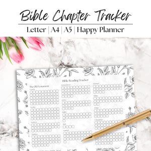 May include: A Bible Chapter Tracker with the text "Bible Chapter Tracker" at the top. The tracker includes sections for the Old Testament and New Testament, with circles for tracking reading progress. A gold pen rests on the page, and pink flowers are in the background.